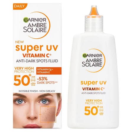 Garnier Ambre Solaire Super UV – Fluide Anti-Taches à la Vitamine C – SPF 50+ – 40 ml.